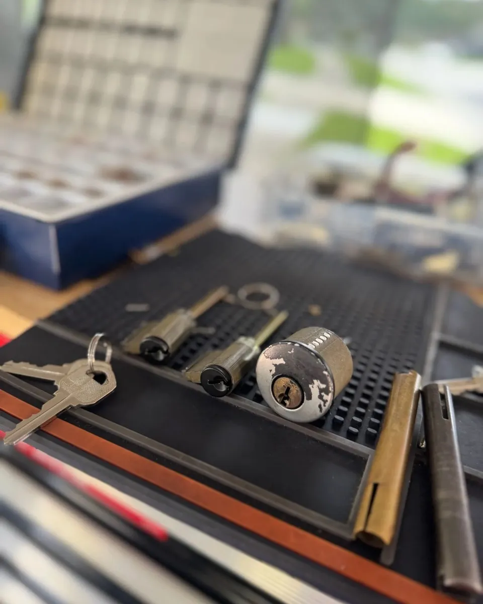 Locksmith cylinders, keys, and lock hardware arranged on a work mat